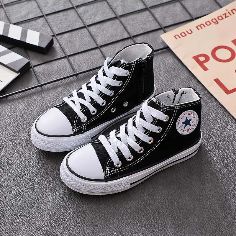 Children S High Top Canvas Shoes Girls Korean Style White Side Zipper Black And White Boys Student Casual Shoes Flat Court Sneakers Lazada Singapore