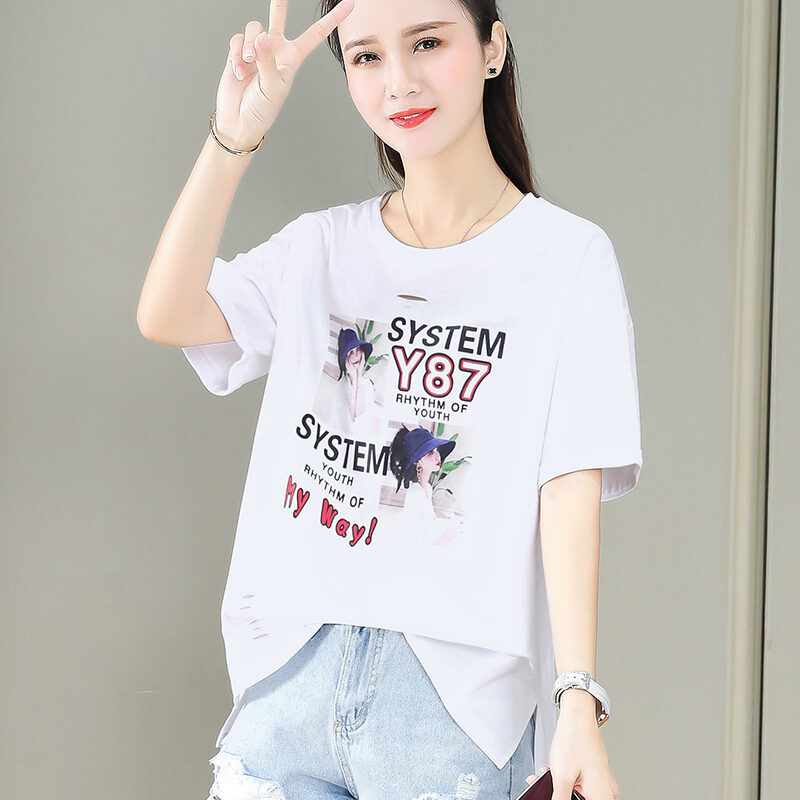 Women S Printed Short Sleeved T Shirt Summer Split Swing Loose Crew Neck Top Large Size Korean Style Slimming Off Shoulder Half Sleeve T Shirt Lazada Singapore