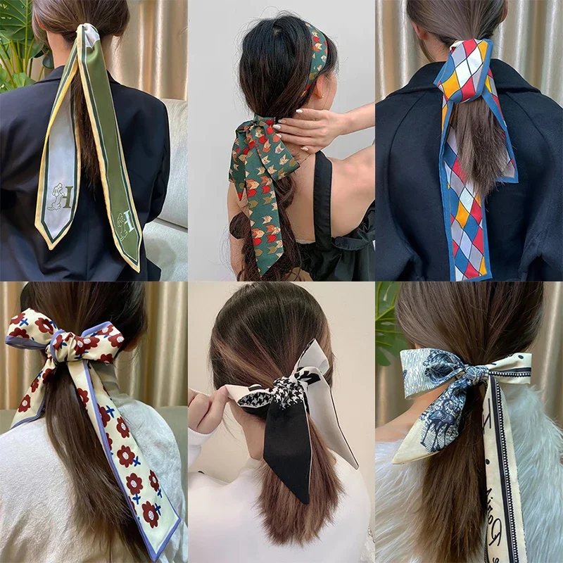 Hair Tie Long Silk Scarf Hair Band Female Retro French Versatile Spring and Autumn Scarf Arm Bag Decorative Ribbon Headdress F98