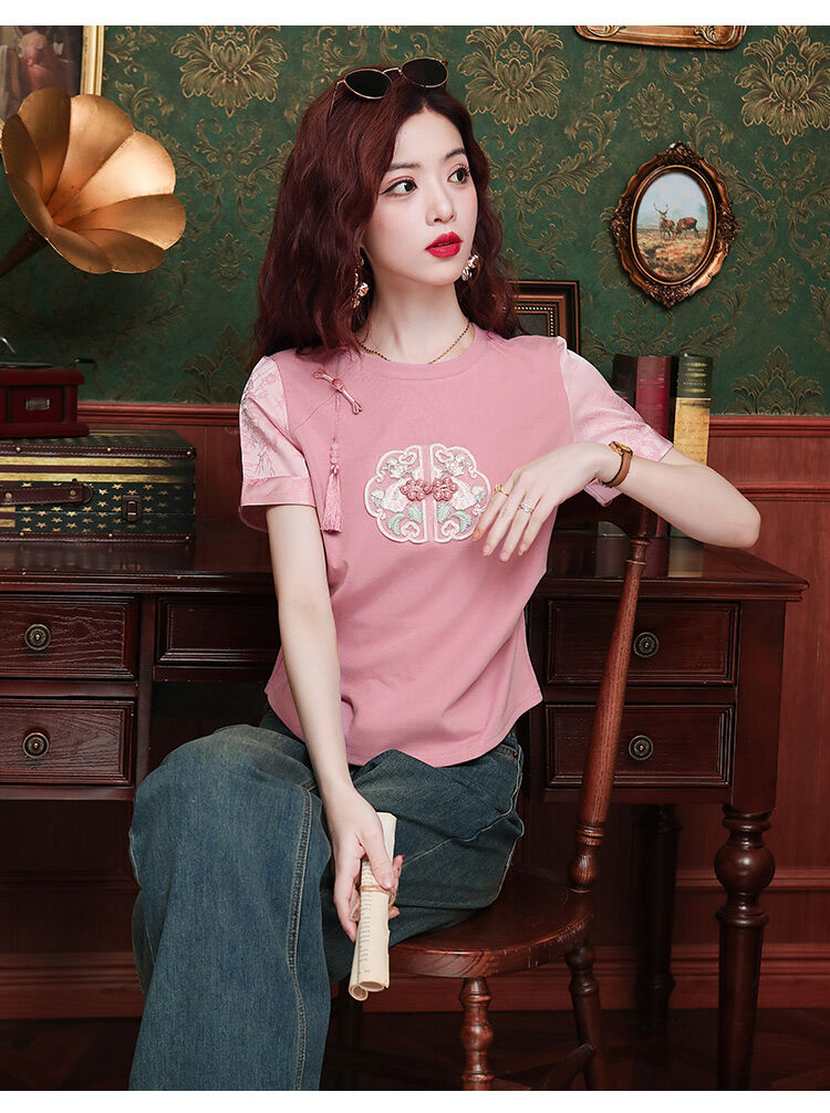 New Summer Chinese Style Women's Loose Fit Short Sleeve T-Shirt Embroidered Slimming Top Trendy round Neck Cotton Casual Wear · v3