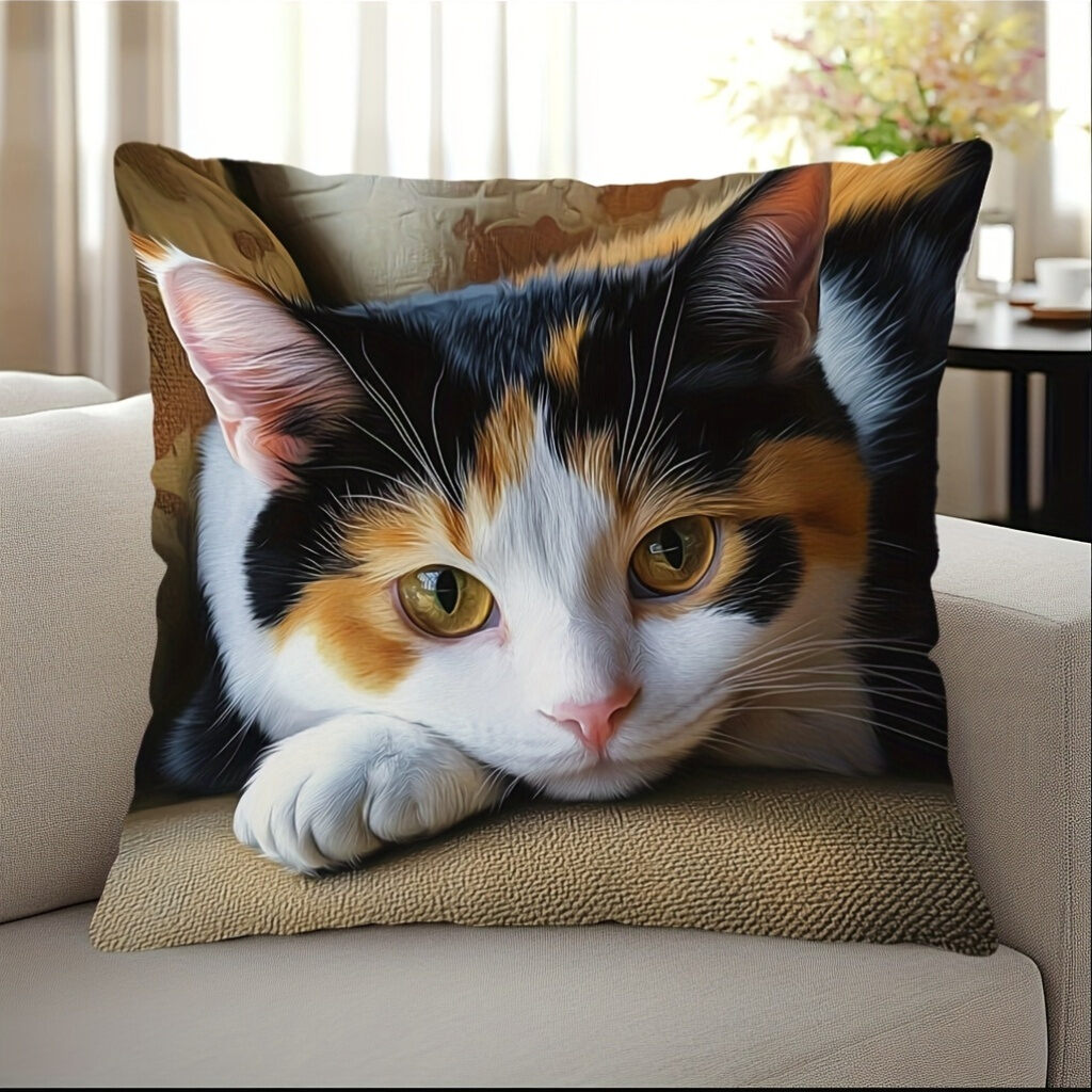 Contemplative Calico Cat Decorative Pillow Cover 18x18 Inch - Contemporary Home Decor with Zipper Closure Cat Pillow Covers