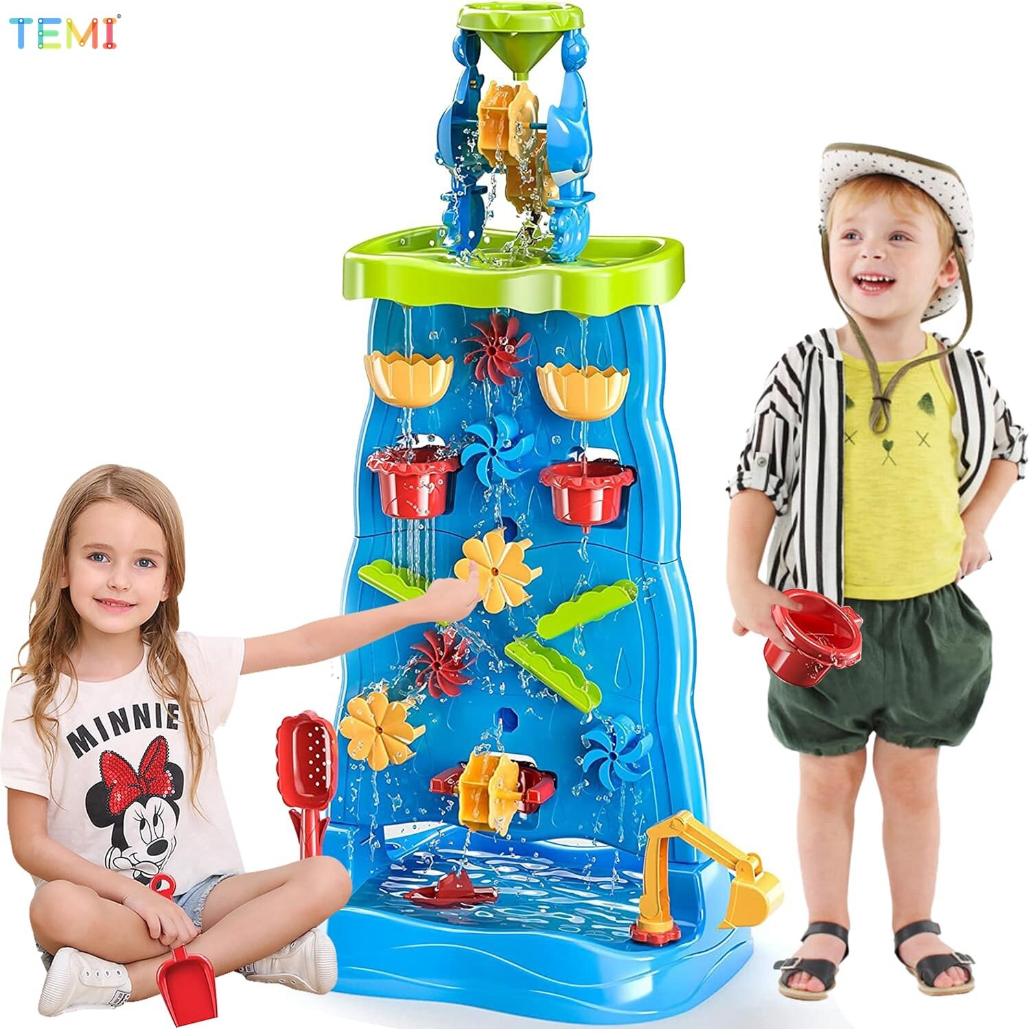 TEMI Water Table Waterfall Outdoor Toys for Kids Toddlers Boys Girls, Two-Sided Waterfall Tray Water Sand Activity Tables Outdoor Outside Toys