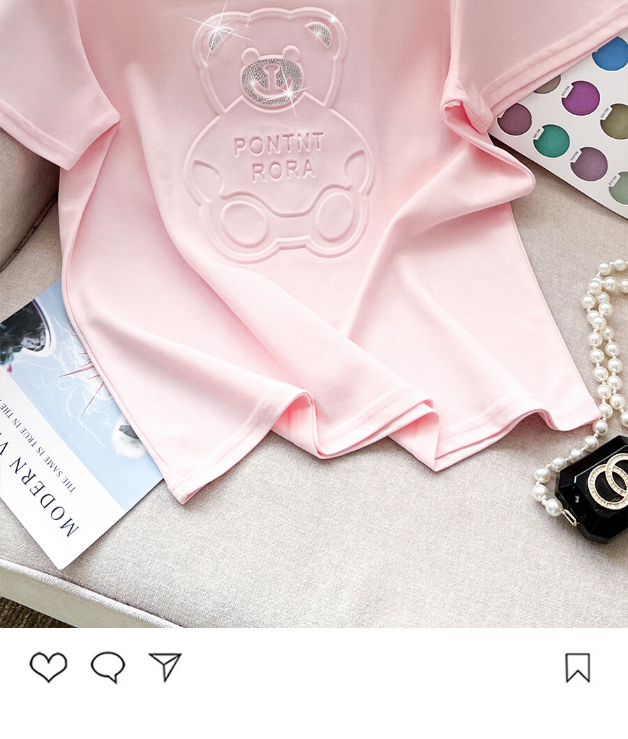 Summer New Pure Cotton Short Sleeve T-Shirt Women's Cartoon 3D Bear Heavy-duty Rhinestone Loose Half Sleeve Simple Trendy