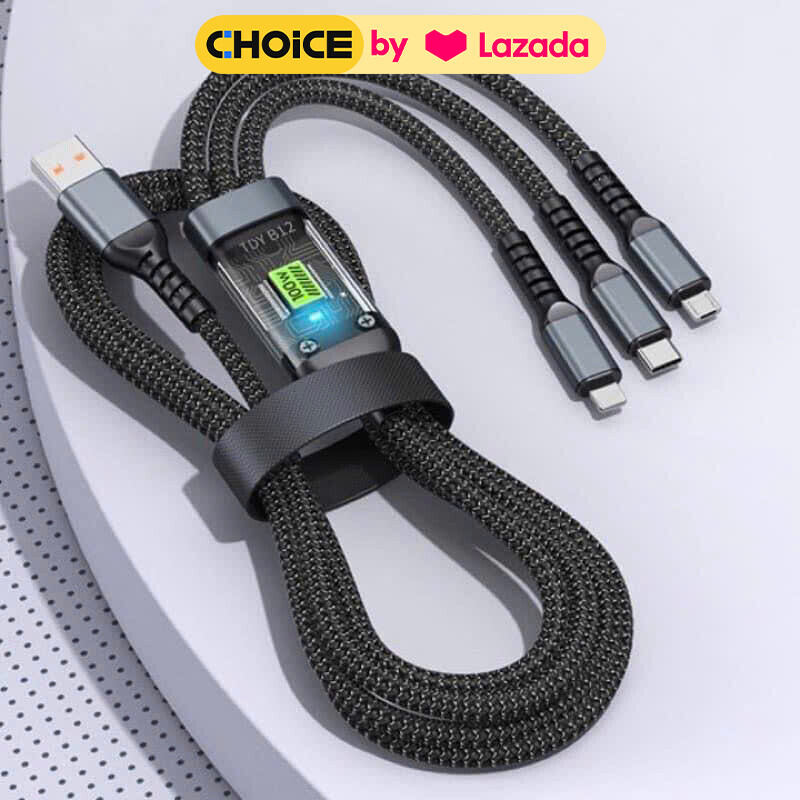 Dây Cáp Sạc Nhanh 3 Đầu 100W Dài 1m2 Hỗ Trợ Sạc Nhanh 3 Trong 1 dây bọc dù Chống Đứt, Chống Rối