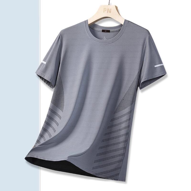 Men's Summer Ice Silk Quick Dry T-Shirt Mesh Elastic Sports Short Sleeve Loose Breathable Casual Versatile Top Men's Wear. 