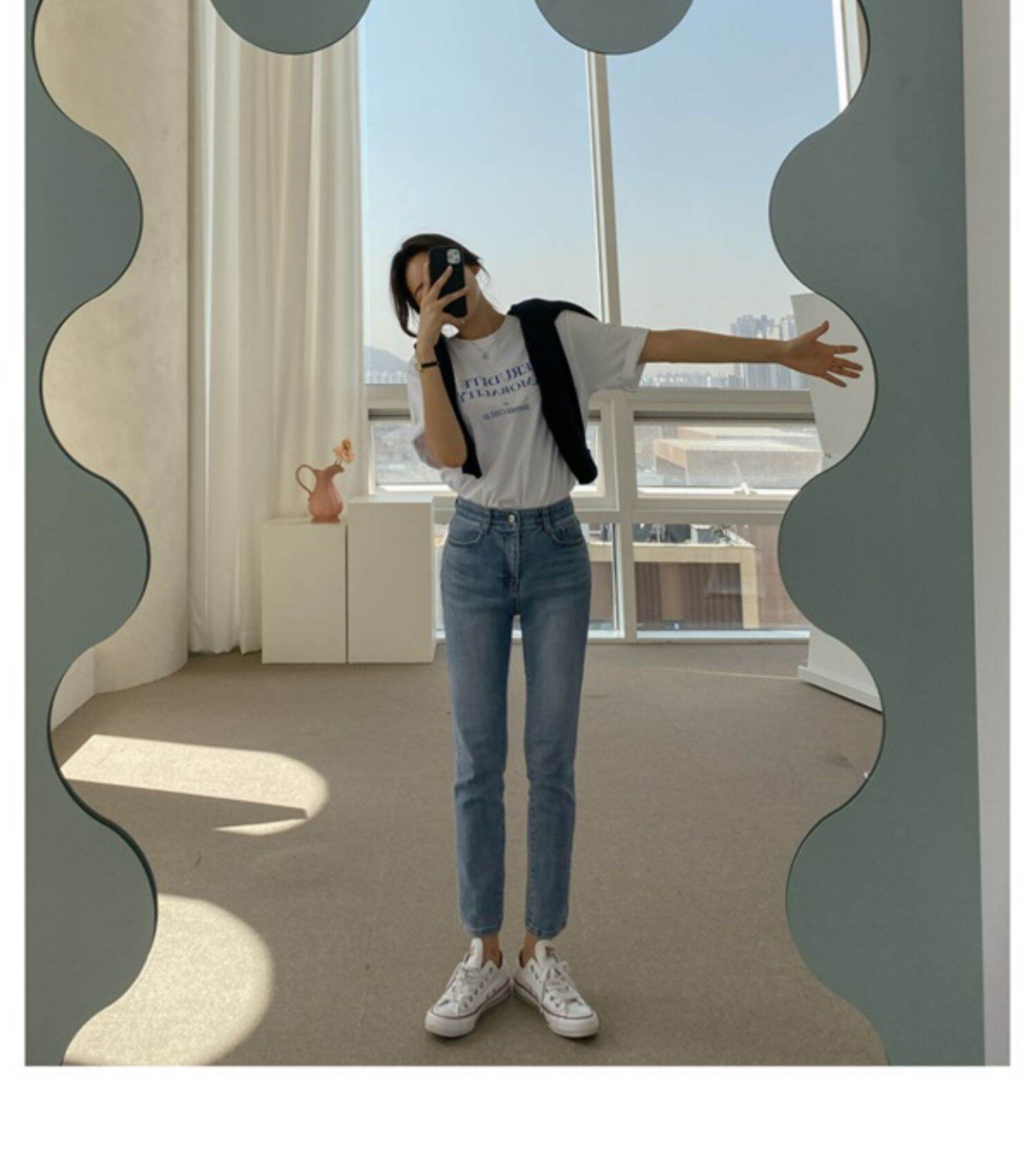 Light Blue High Waist Straight Leg Jeans Women's Slimming Elastic Cotton Stretch Denim Pants Spring Autumn Winter Fashion · v2
