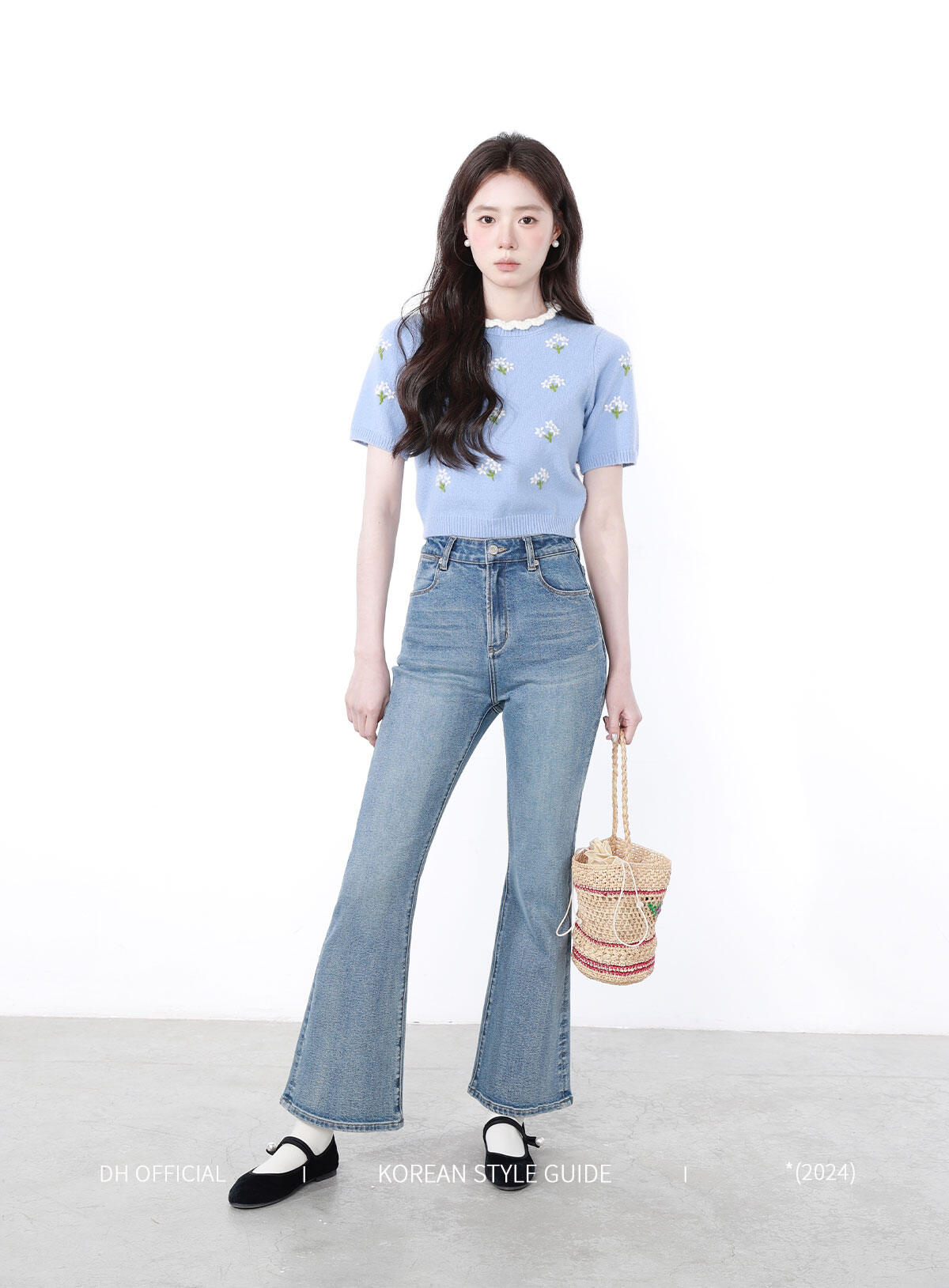 High Waist Flared Jeans Women's Spring Blue Cotton Stretch Denim Floral Print Supermodel Pants Straight Leg Trousers · v2