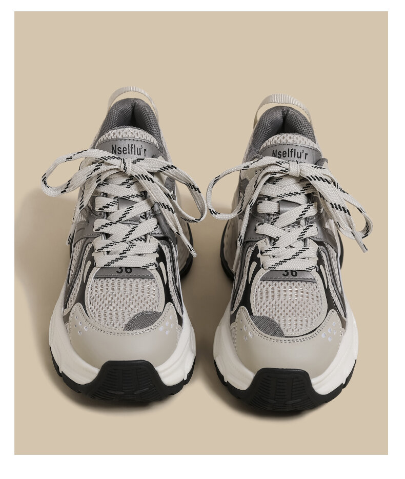 Damskie buty do taty z grubym dnem wiosna 2025 Nowe retro siatkowe szare uniwersalne opony Paris Buty sportowe na co dzień Modna klamra krzyżowa