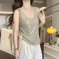 CHOEFULYN | High-end Fashion Glitter V-neck Vest Summer Loose Sleeveless Tank Top