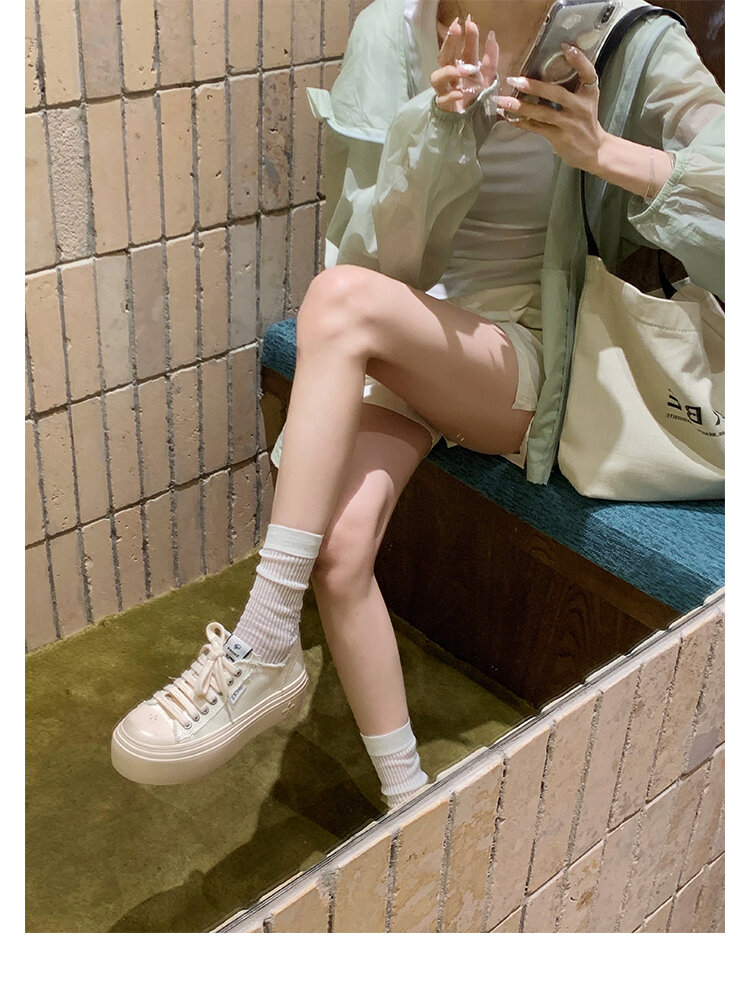 Women's Low Top round Toe Laced Canvas Shoes Thick Bottom Cross Pattern White Sneakers Worn in Dirty Looking Shoes · v11