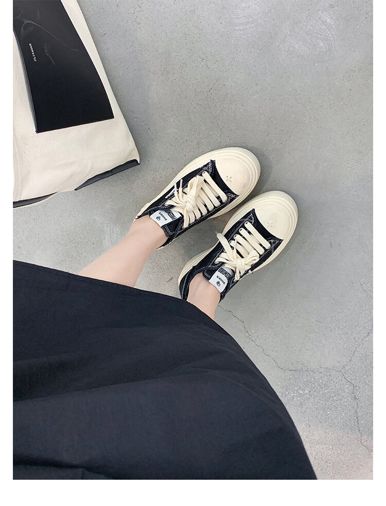Women's Low Top round Toe Laced Canvas Shoes Thick Bottom Cross Pattern White Sneakers Worn in Dirty Looking Shoes · v11