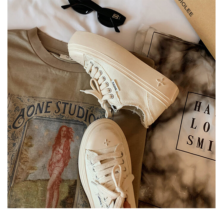 Women's Low Top round Toe Laced Canvas Shoes Thick Bottom Cross Pattern White Sneakers Worn in Dirty Looking Shoes · v11