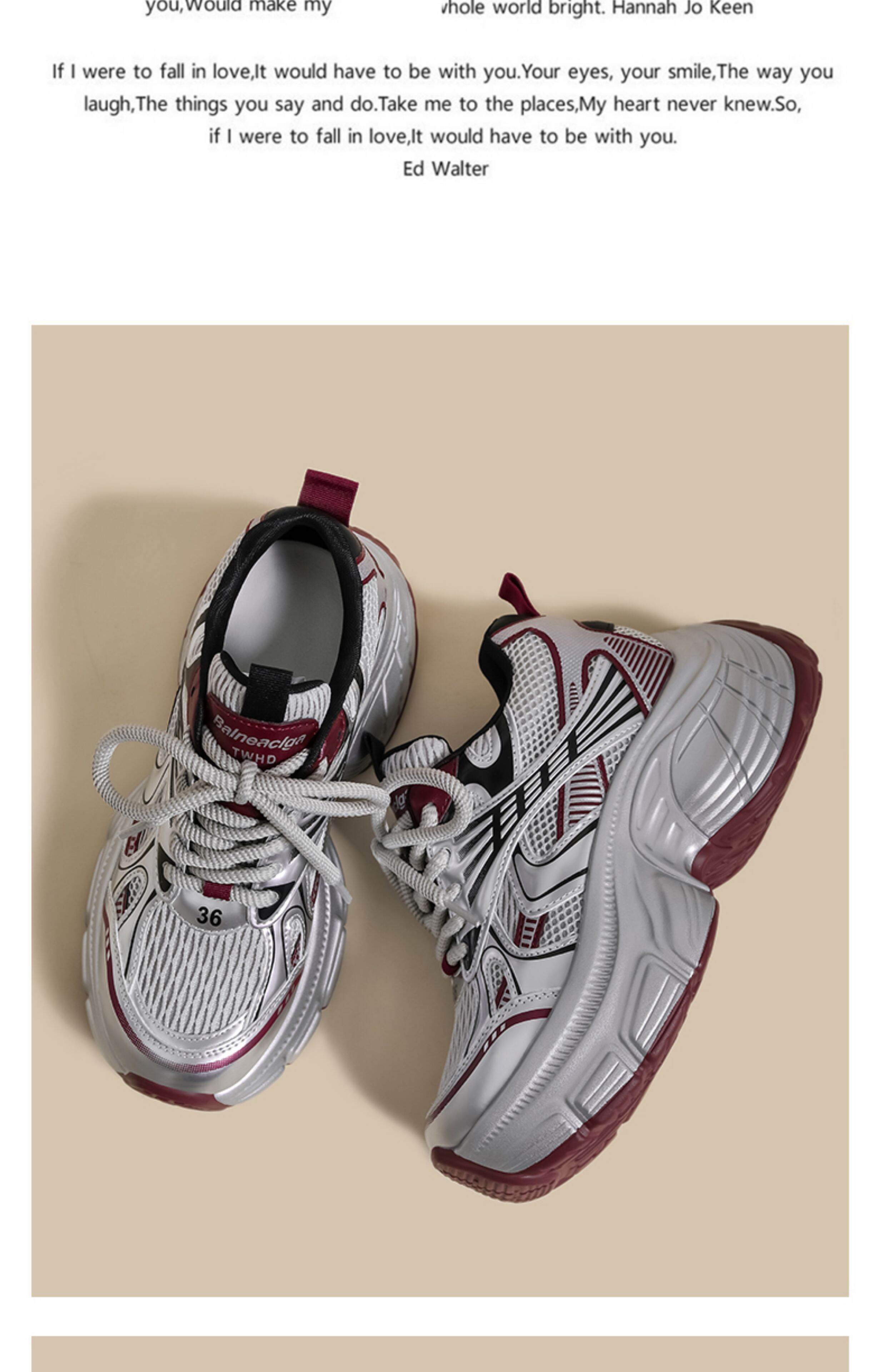 Women's Sport Shoes Casual Thick Bottom Net Surface Heightening Silver Color Spring New Style Fashionable round Head Rubber Outsole · v27