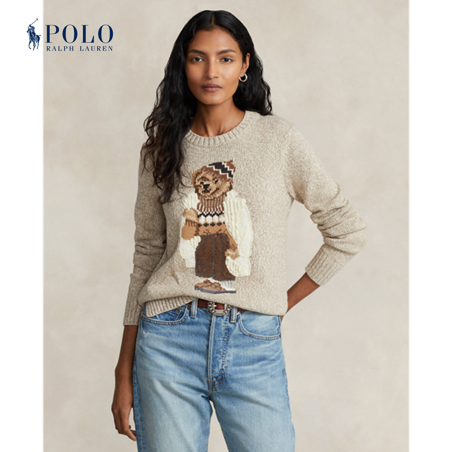 Polo Ralph Lauren Women Polo Bear Cotton-Blend Sweater (Mushroom Marl)
