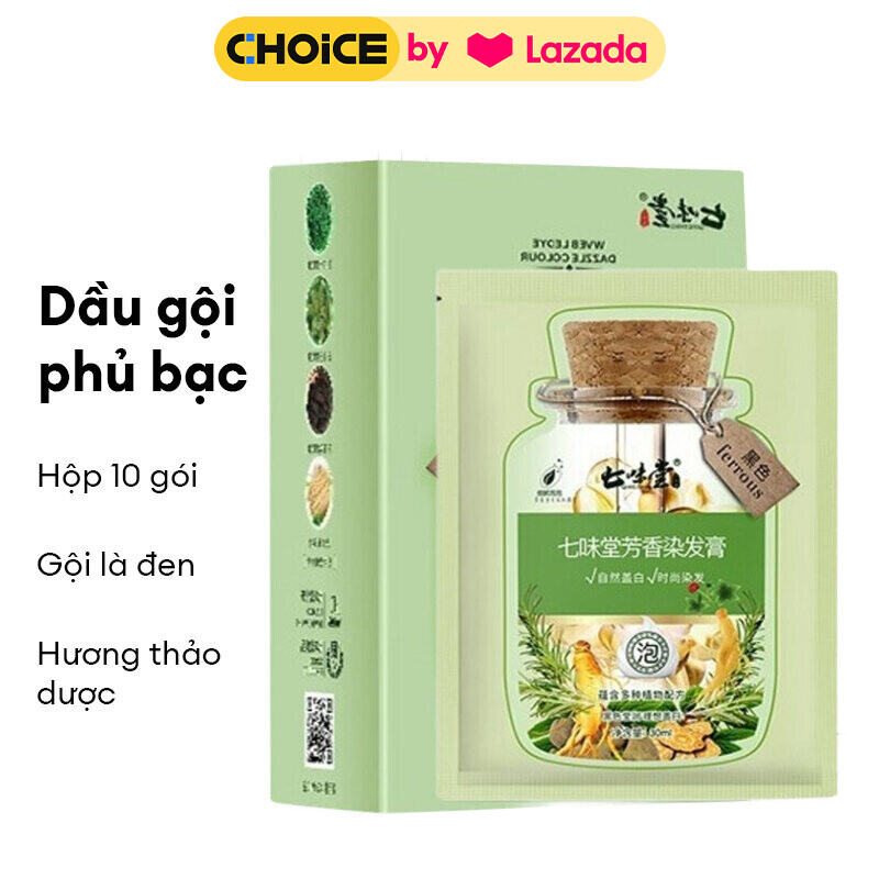 Dầu Gội Phủ Bạc Thảo Dược Hộp 10 Gói, Dầu Gội Nhuộm Tóc Màu Đen, Nuôi Dưỡng Tóc Óng Mượt Kích Thích Mọc Tóc