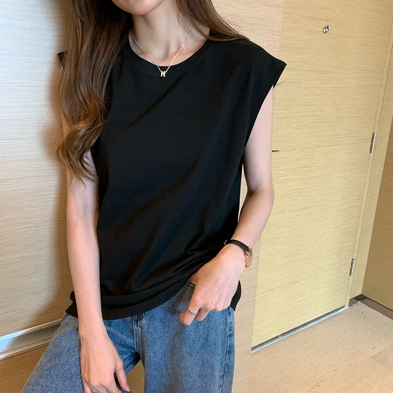 INS Black Vest for Women New Korean Style Loose Sleeveless T-shirt Summer Simple Solid Color Cotton T-shirt Top for Women