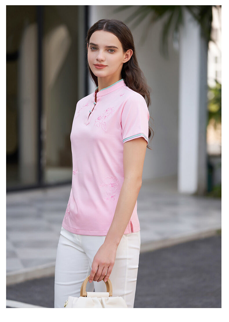 Versino, haftowana koszulka polo z krótkim rękawem w stylu chińskim, damska lato New Arrival, uniwersalna, codzienna bawełniana, smukła krój