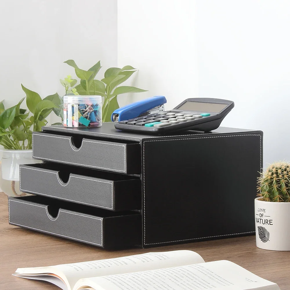 Business Leather Desktop Horizontal Drawer Three-Drawer File Cabinet File Data Cabinet Organizing Cabinet Office Supplies Stationery