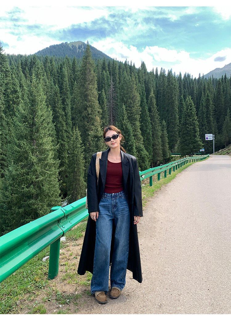 Chenmi Fan Blau Jeans mit hoher Taille und weitem Bein für Damen Herbst Neu Locker lässige gerade Hosen Hoch aussehende lange Hosen