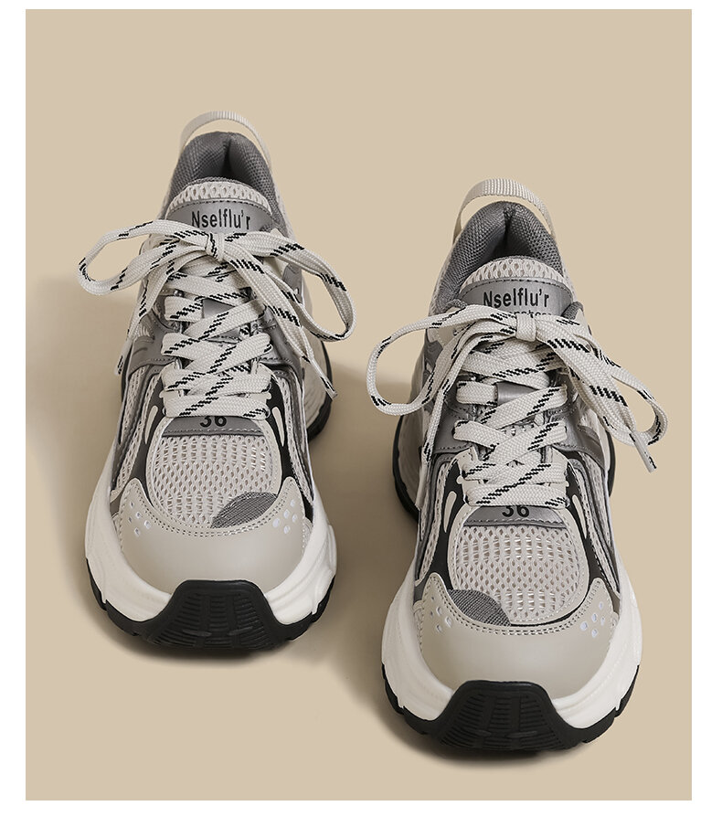 Damskie buty do taty z grubym dnem wiosna 2025 Nowe retro siatkowe szare uniwersalne opony Paris Buty sportowe na co dzień Modna klamra krzyżowa
