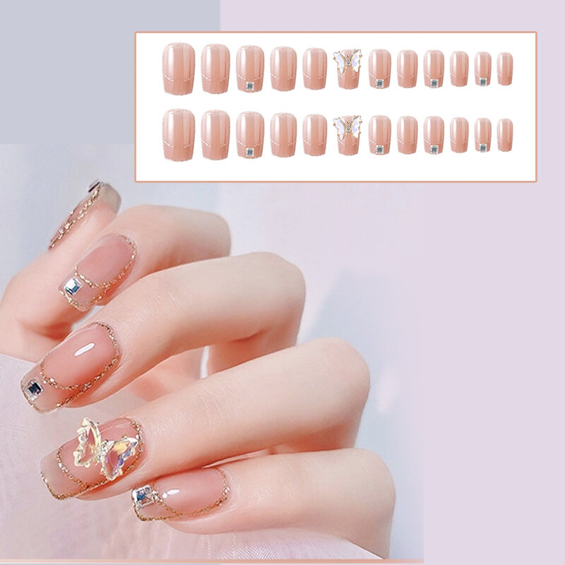 24pcs Camellia Pearl Powder Fake Nails Set