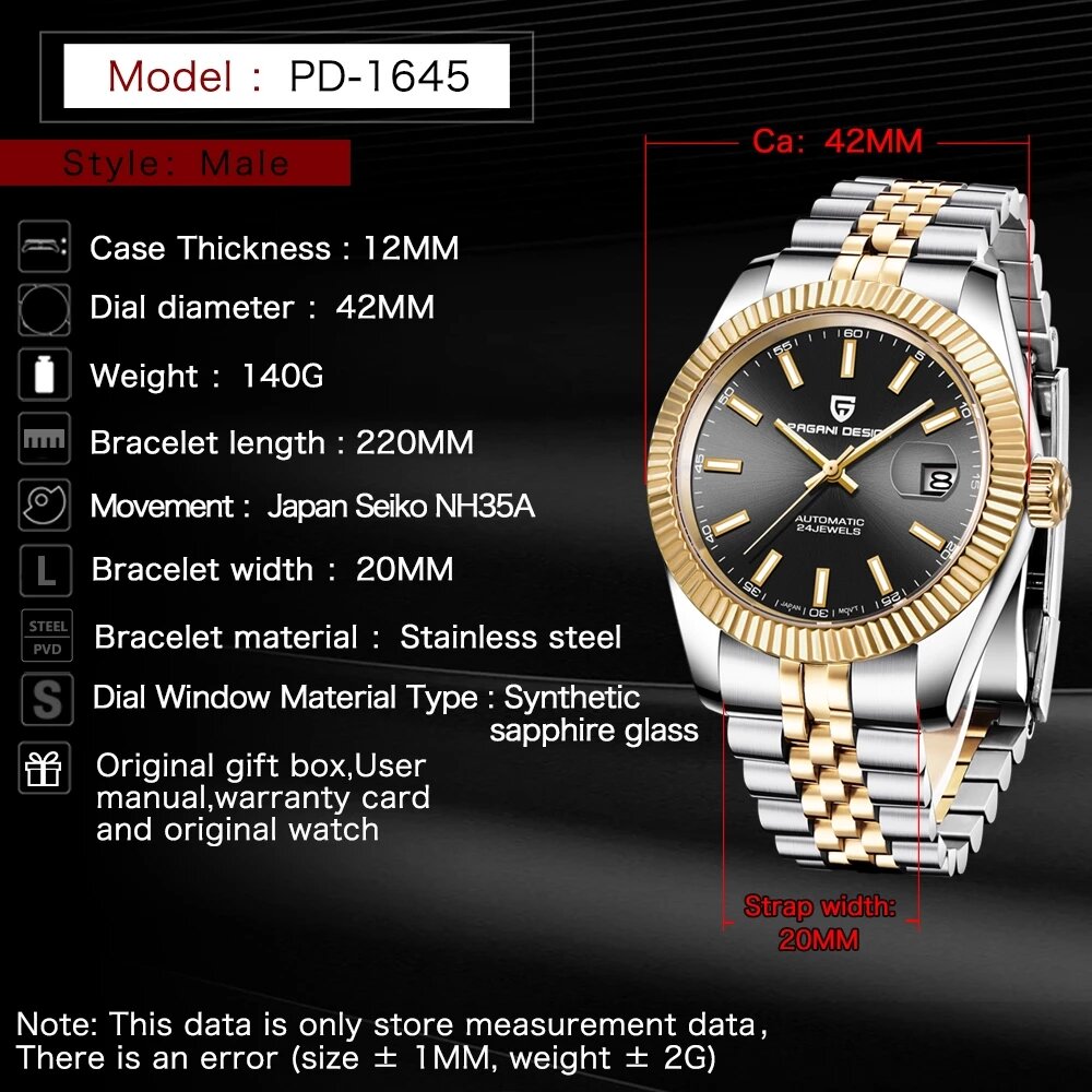 PAGANI DESIGN Man Mechanical Watch Top Brand Luxury Automatic Watch Stainless Steel 100m Waterproof Watch Men Clock Reloj Hombre. 