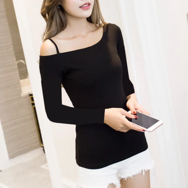 Women's off-Shoulder Long-Sleeved Top T-shirt One-Shoulder Slim Fit 2021 Autumn New Korean Style Large Size Slimming and Fashionable Base