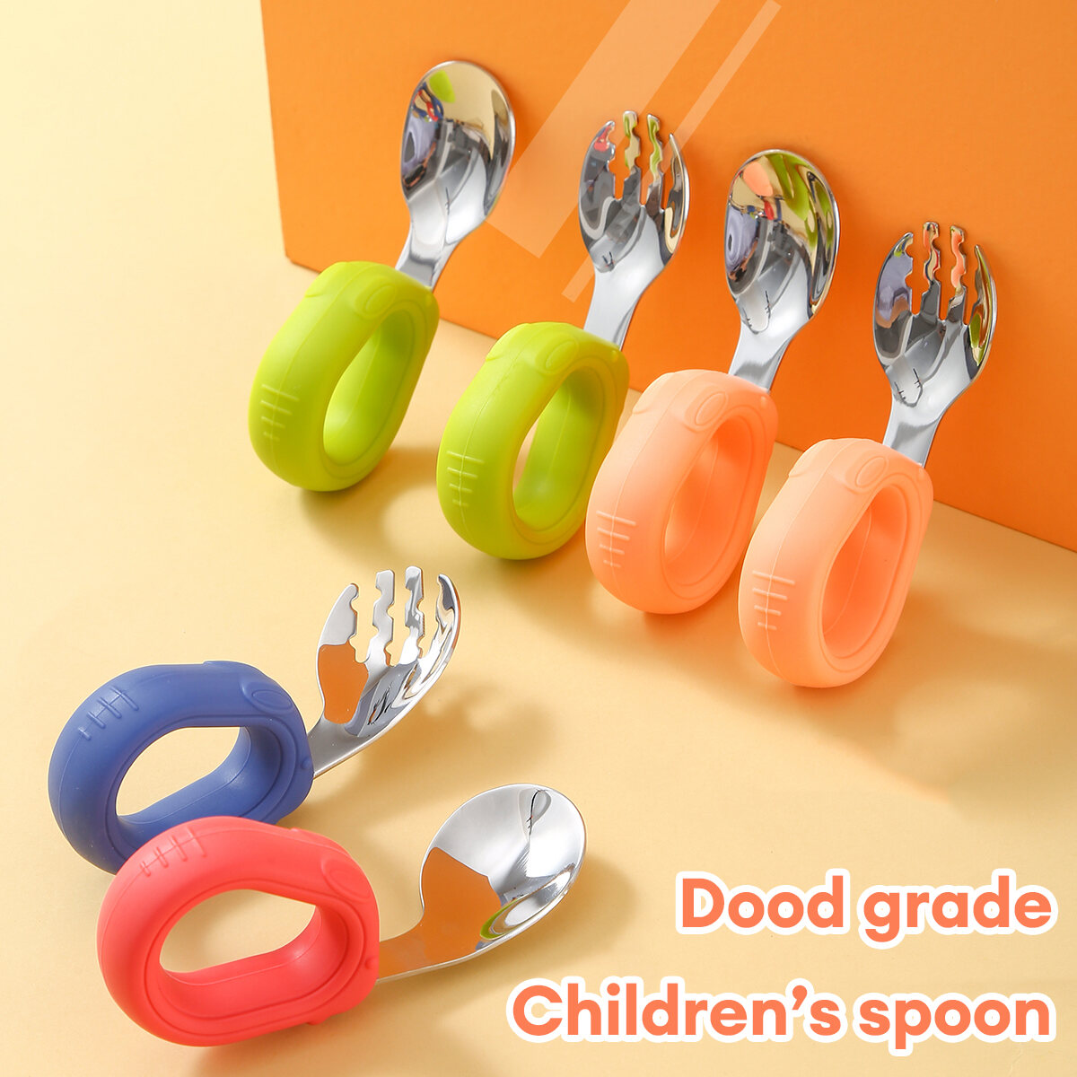 Baby stainless steel curved spoon, curved fork, autonomous eating training spoon, eating spoon, children's tableware