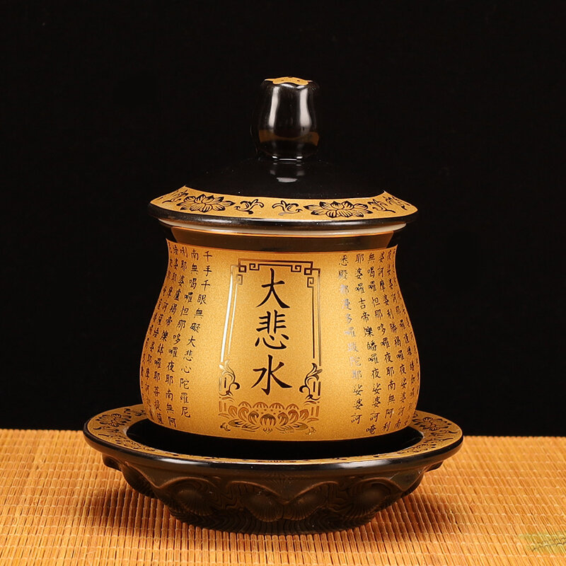 Retro Ceramic Water Cup Lotus Offering Cup for Buddha Guanyin Great Compassion Mantra Home Decoration Sacred Water Cup