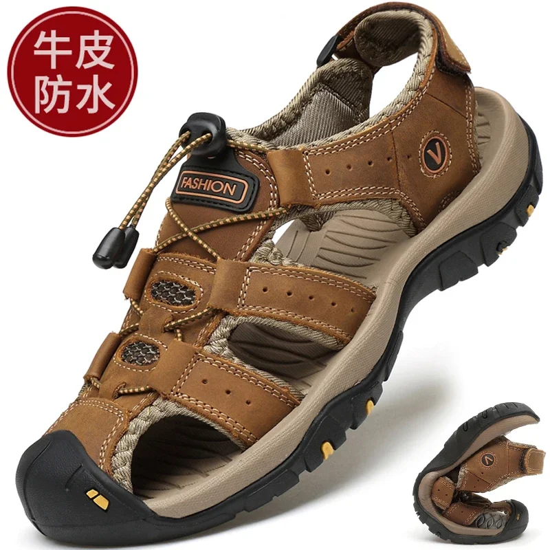 Sandals Men's Fashionable Outdoor Sports Authentic Leather Toe Box Casual Shoes Slippers 2021 New Summer Breathable Men's Beach Shoes