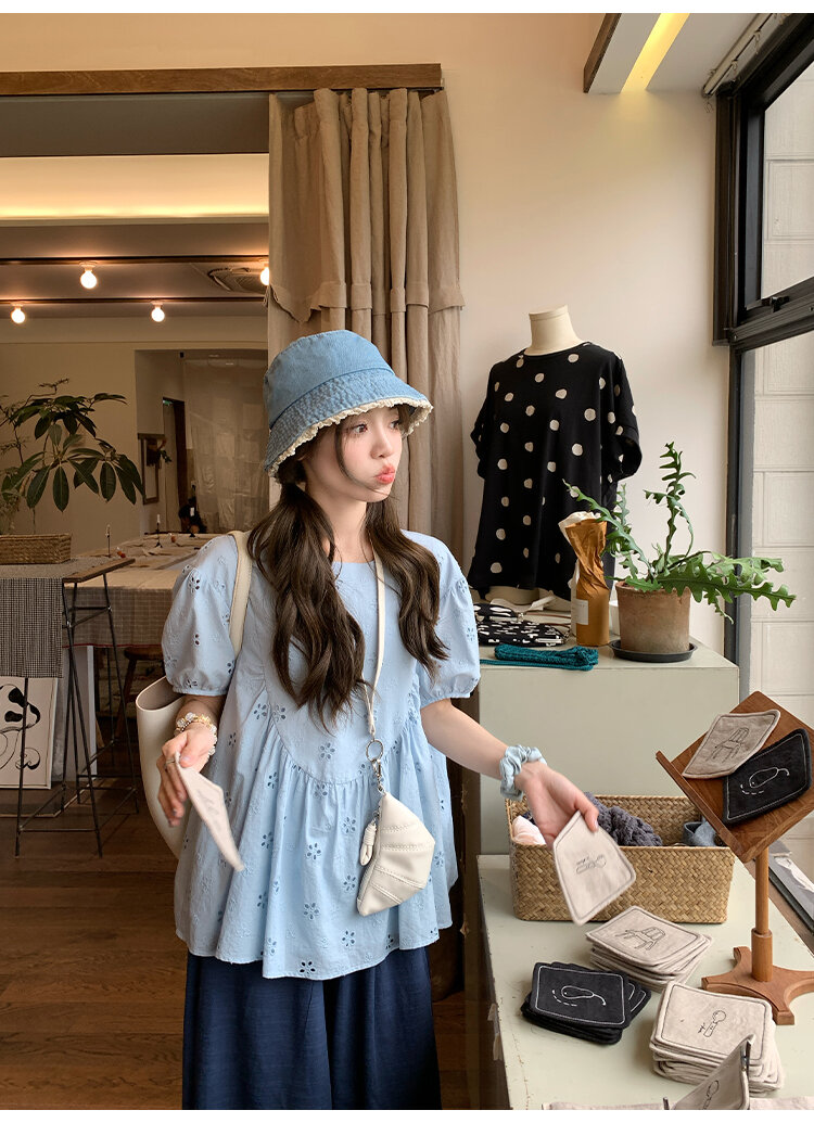 FF BLUE Summer Sunlight Cotton Embroidered Shirt Loose Short Sleeve Women's Casual Style round Neck Casual Fit Short Sleeve Top