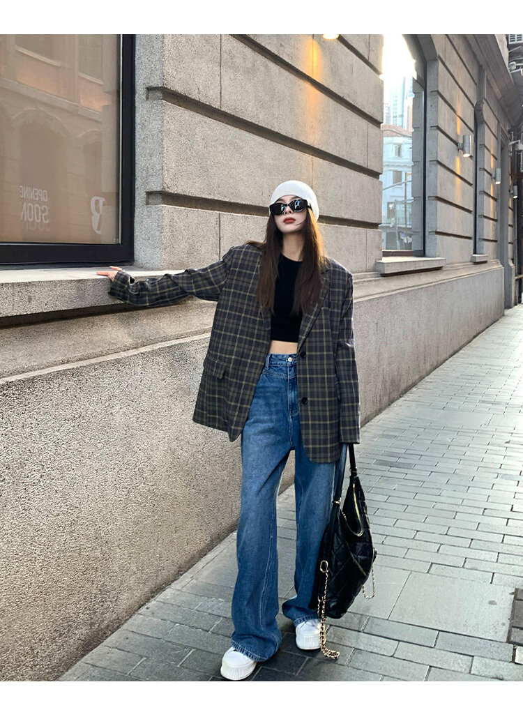Chenmi Fan Blau Jeans mit hoher Taille und weitem Bein für Damen Herbst Neu Locker lässige gerade Hosen Hoch aussehende lange Hosen