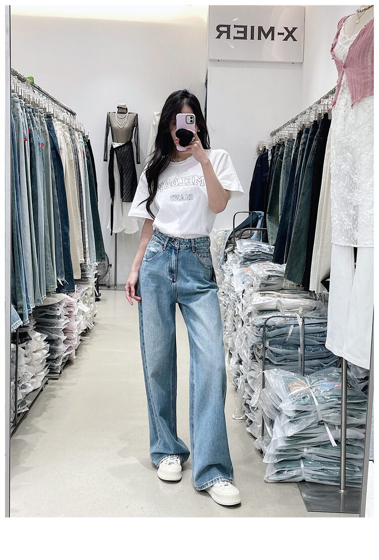 American Style Vintage Blue High Waist Wide Leg Jeans Women Loose Slim Straight Long Pants X-mier Denim Trousers for Ladies · v2