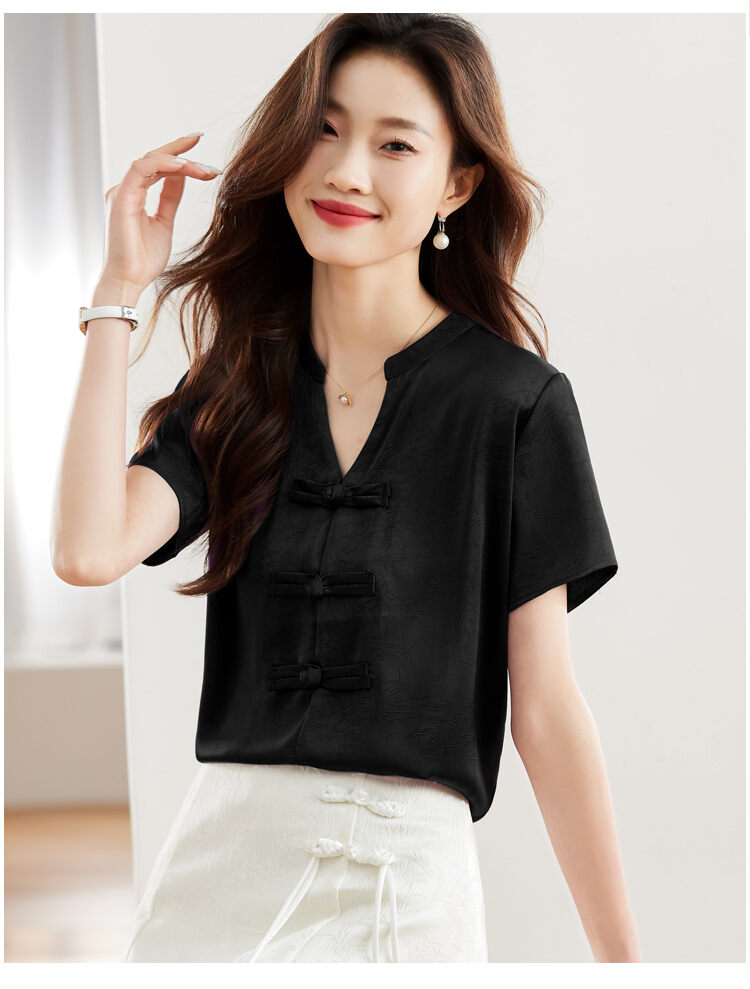 New Chinese Style Short Sleeve Shirt Women Summer 2025 New Fashion Black Embroidered Top Ladies Small Shirt Upper Body