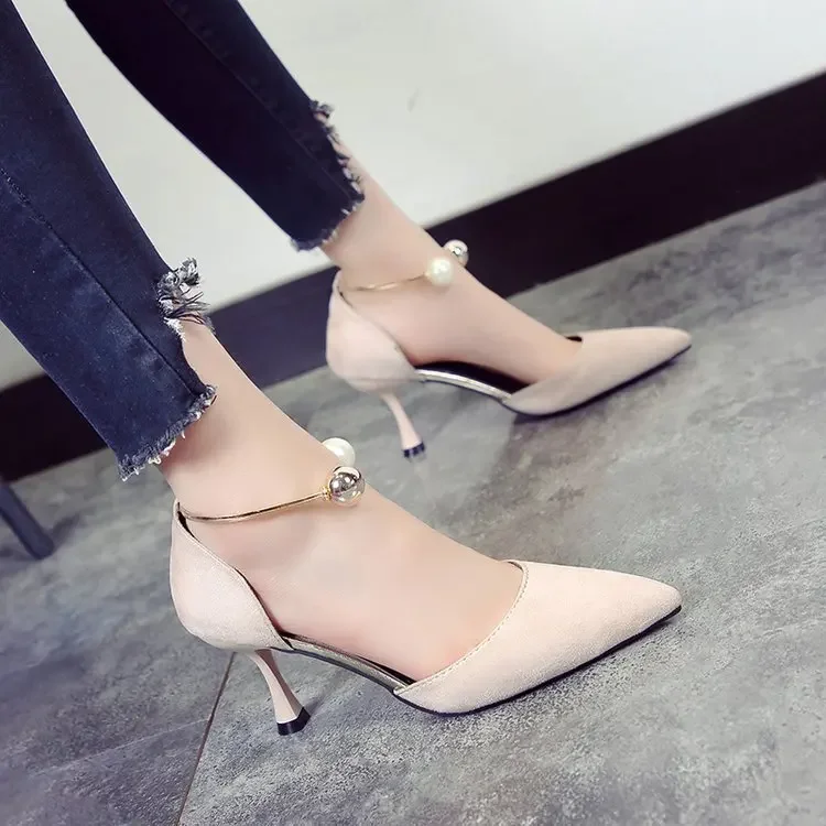 2021 Summer New Pointed Toe Shallow Mouth Stiletto Heel High Heels Fashion Buckle Toe Cap All-Matching Sandals Women's Mid Heel