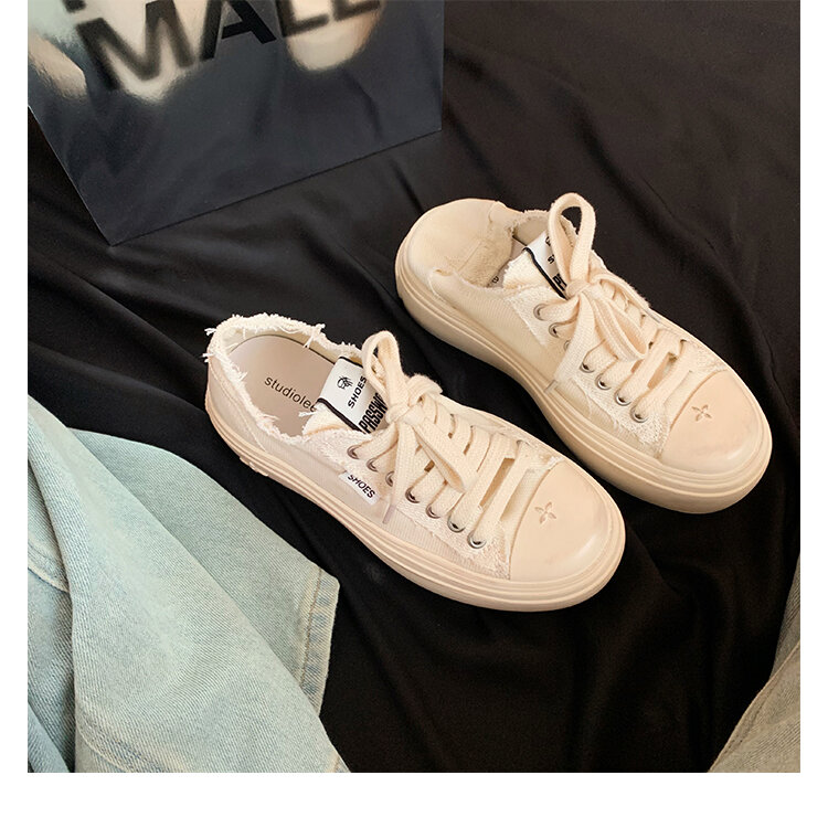 Women's Low Top round Toe Laced Canvas Shoes Thick Bottom Cross Pattern White Sneakers Worn in Dirty Looking Shoes · v11