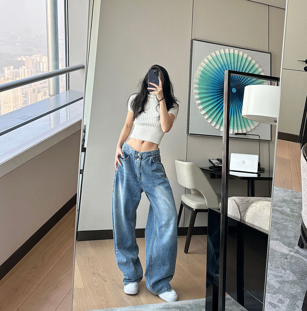 DQSTORE Jeanshose für Damen mit hoher Taille und weitem Bein, hellfarbiges Baumwollmaterial, Frühlings- und Sommersaison, ideal für Geburtstagsfeiern von 18-24