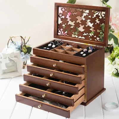 Wood Storage Jewelry Box Solid Wood Jewelry Box Drawer-type Fleece Multilayer Jewelry Box Gift