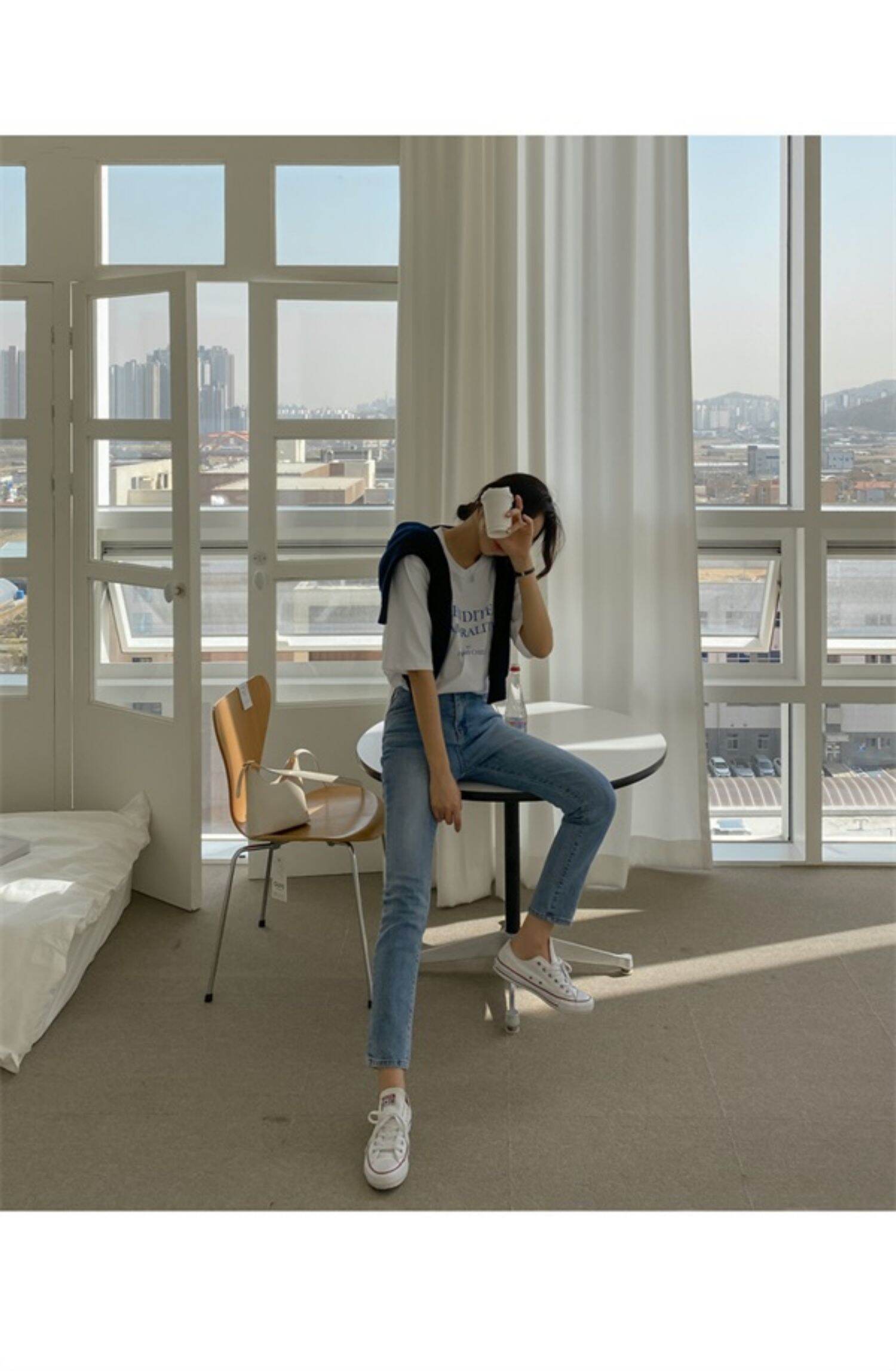 Light Blue High Waist Straight Leg Jeans Women's Slimming Elastic Cotton Stretch Denim Pants Spring Autumn Winter Fashion · v2