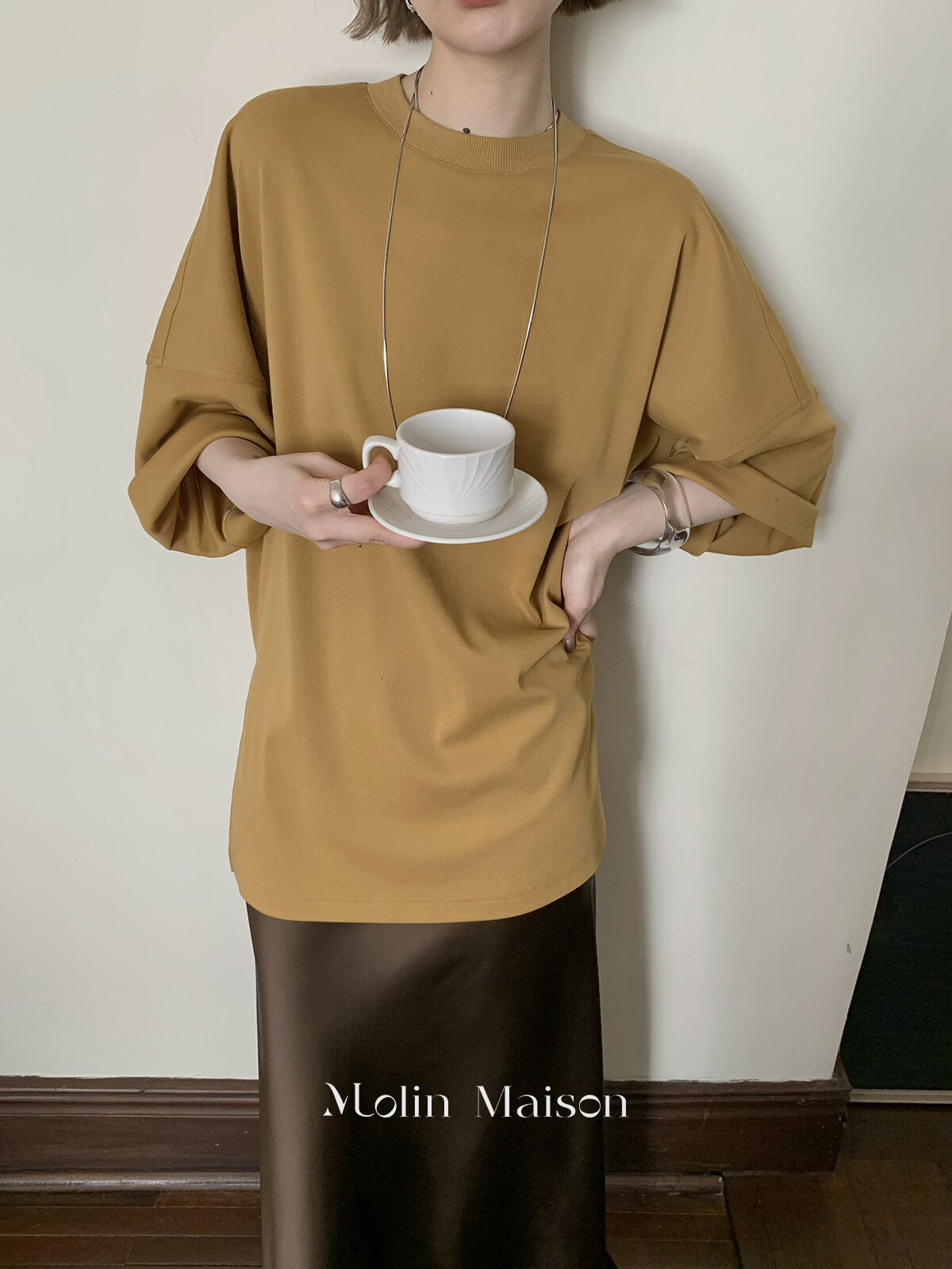 Molin ROW Batwing Sleeve T-Shirt Women's Loose Side Slit Oversize Summer Short Sleeve Cotton Polyester Blend round Neck Top