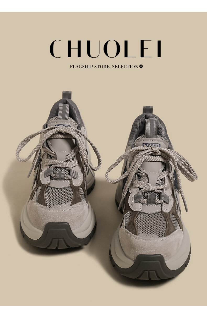 Scarpe da papà da donna con suola spessa Sneakers sportive casual Primavera 2025 Vintage Grey Mesh di piccole dimensioni con giunture rialzate alla moda