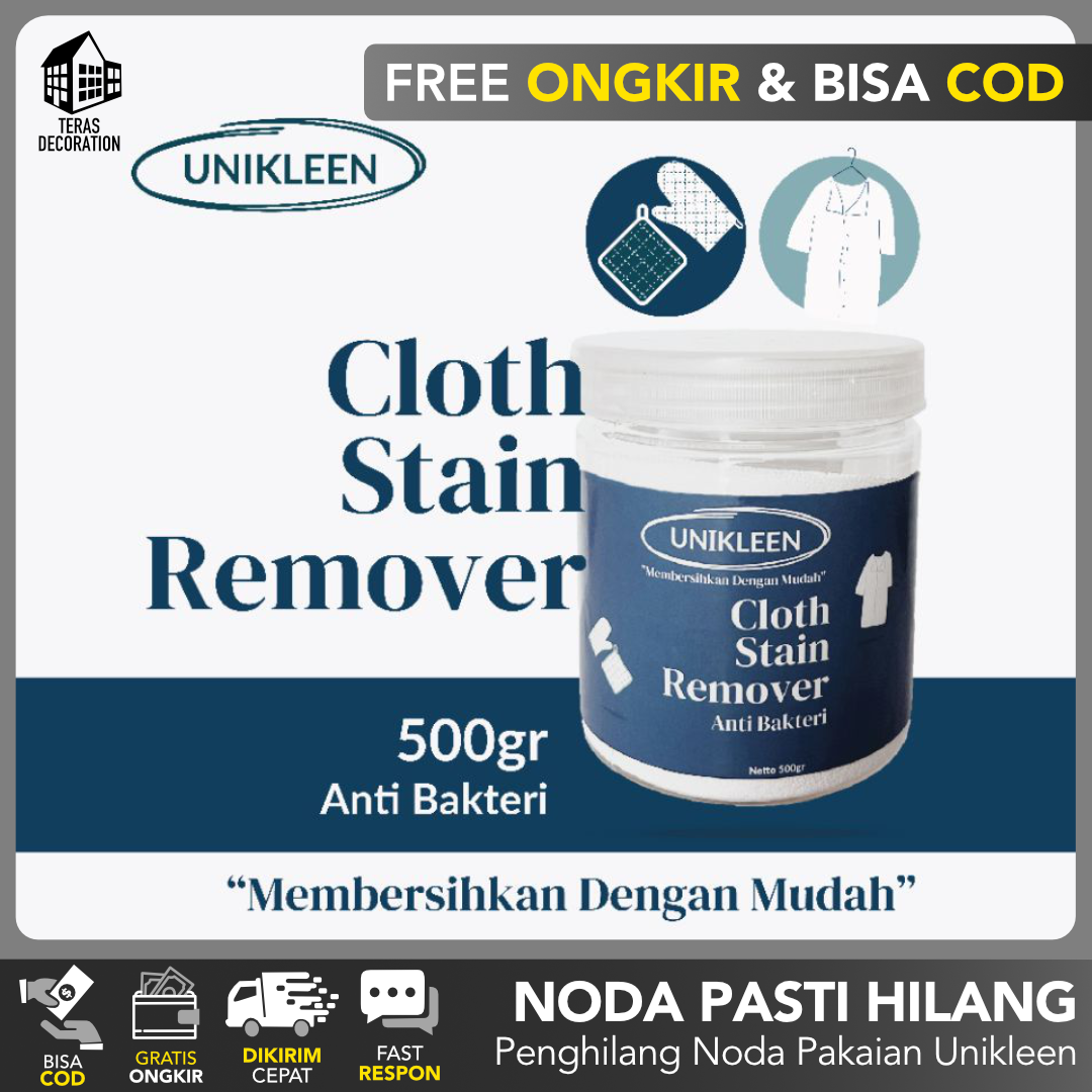 UNIKLEEN PEMBERSIH PAKAIAN (FREE ONGKIR) Serbuk Bubuk 250/500gr Penghilang Noda Tinta Kuning Membandel Jamur pada Kain Cloth Stain Remover / Pemutih Baju Semua Warna Kotoran Bandel Kerah Kaos Sarung Bantal Anak Powder Deterjen Serbaguna Multifungsi VIRAL