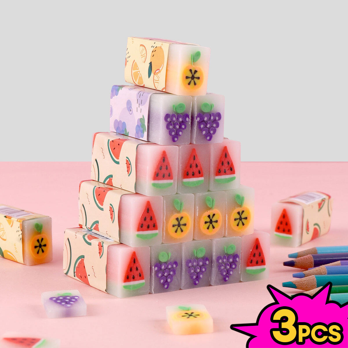 3pcs/set Fruit Jelly Ball Cake Fragrance Cute Cartoon Eraser Student Learning Supplies Stationery