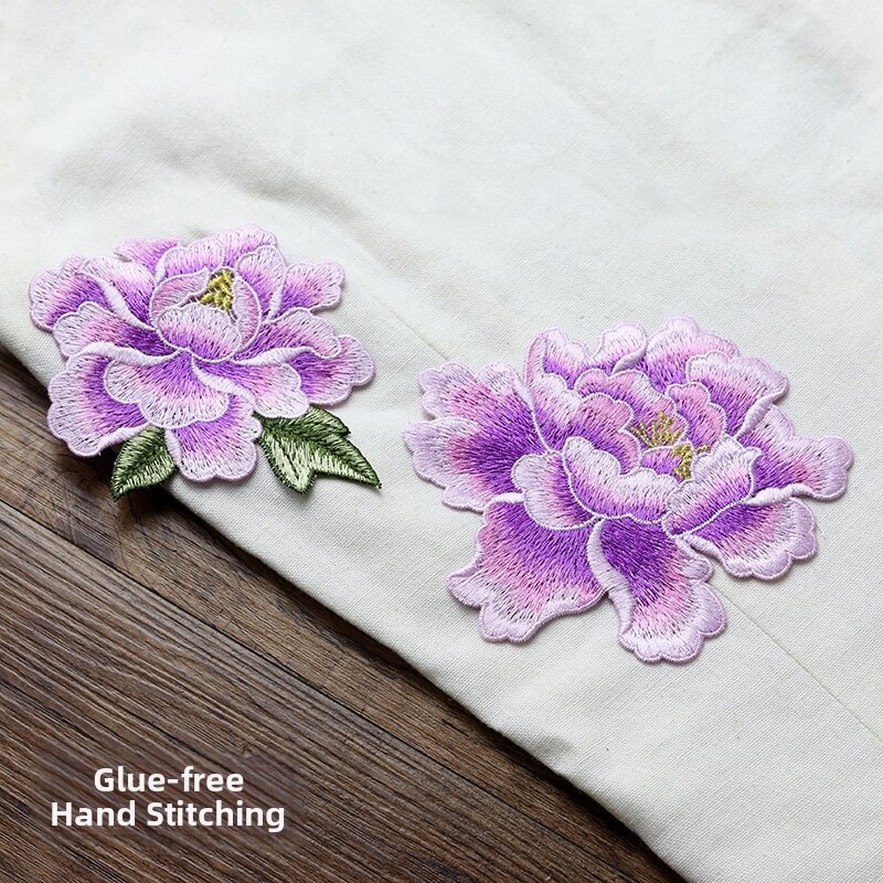 Embroidered DIY Peony Flower Cloth Patch Hand Sewing Clothing Qipao Decoration Repair Fabric Accessories Home Sewing Materials
