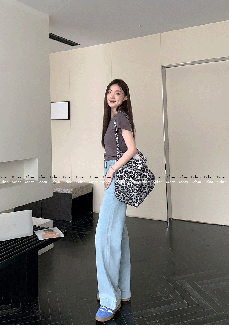 Out of Print Contraction Trouser ~ Glacier Blue Straight-leg Narrow Version Denim Women's Summer Thin High Waist Loose Mop Wide-Leg Pants