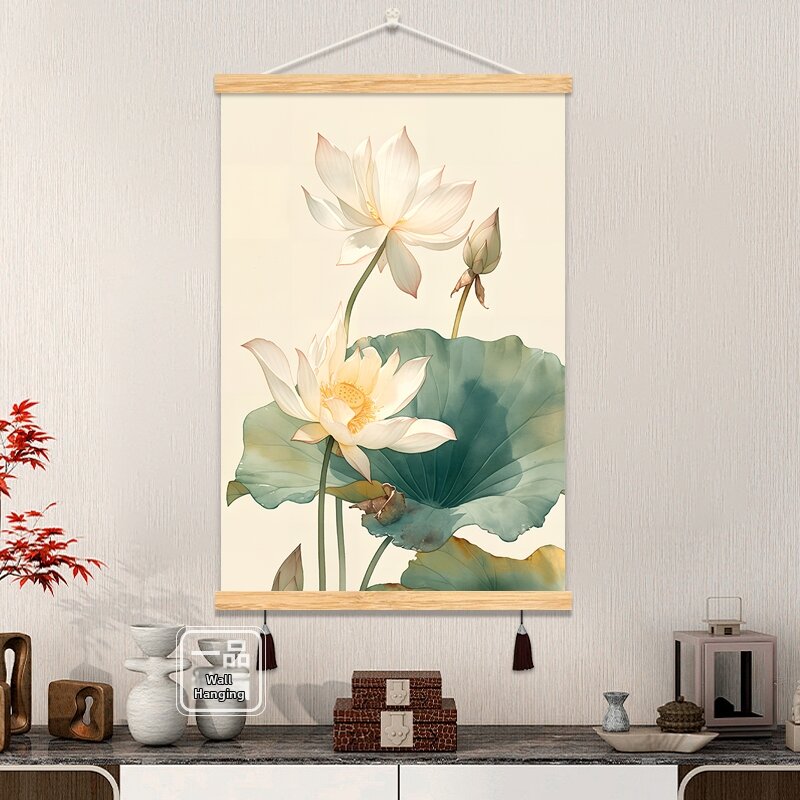 Entryway Decor Lotus Fabric Vertical Chinese Style Zen Wall Hanging