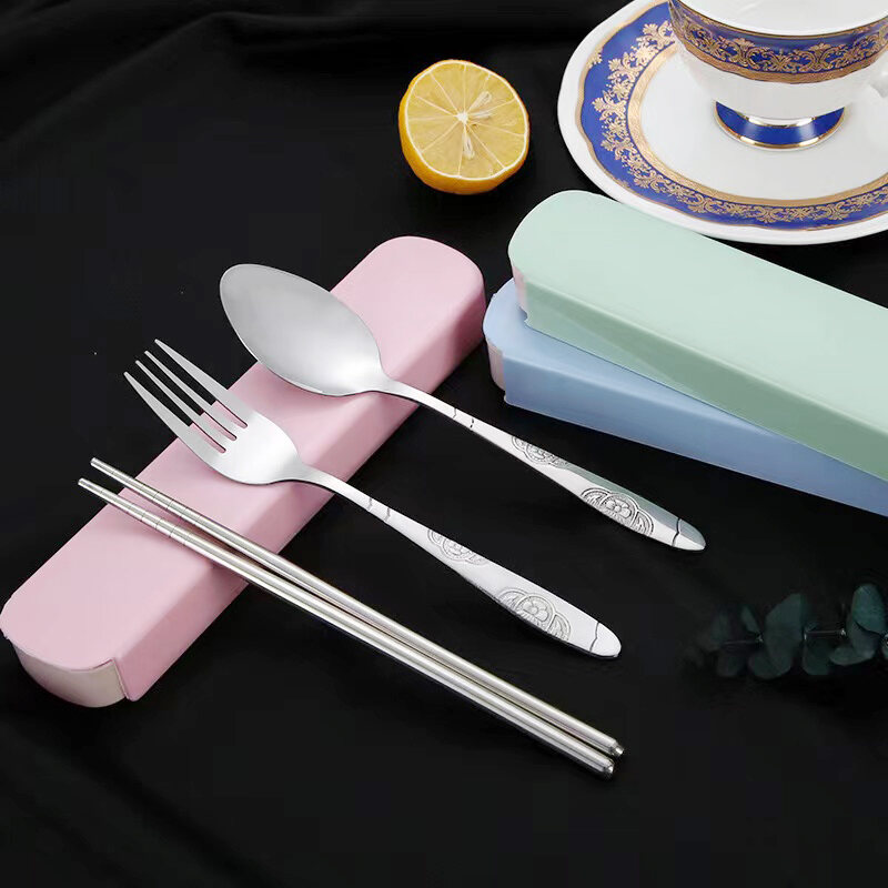 304 Stainless Steel 3In1 Fork Spoon and Chopsticks Portable Cutlery Set w/Box Dining Tools Tableware