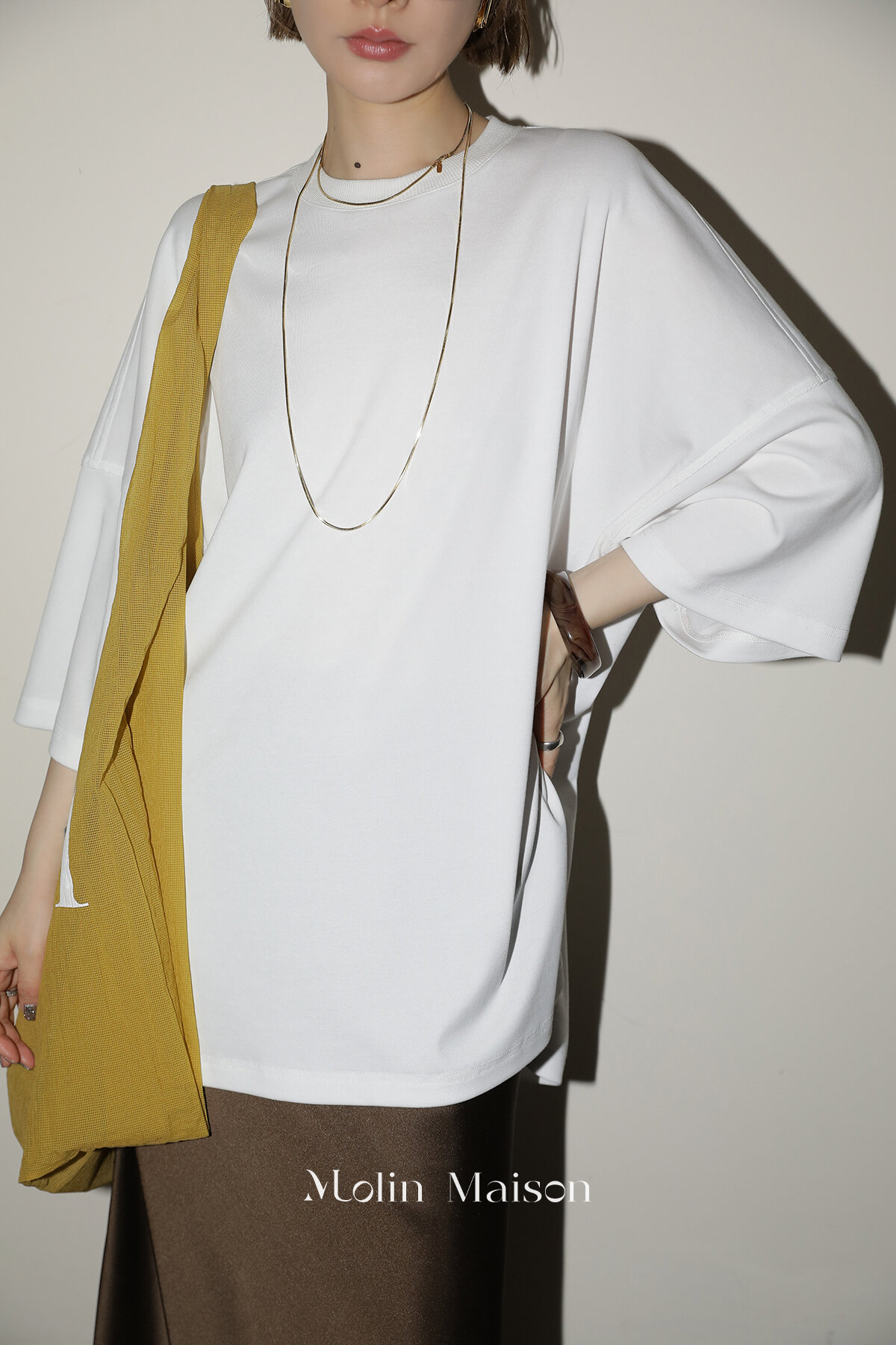 Molin ROW Batwing Sleeve T-Shirt Women's Loose Side Slit Oversize Summer Short Sleeve Cotton Polyester Blend round Neck Top
