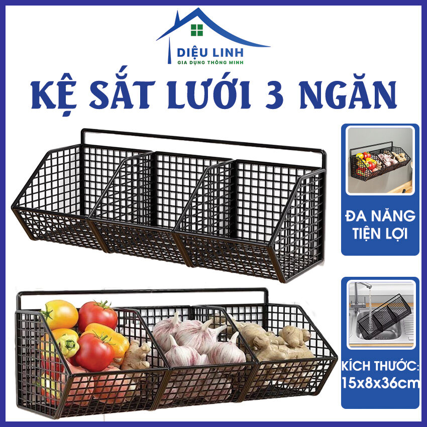 Kệ lưới sắt 3 ngăn gắn tường chất liệu thép không rỉ, bền cứng cáp, dùng đựng rau củ, hành, tỏi, tiết kiệm không gian Dieulinhshop