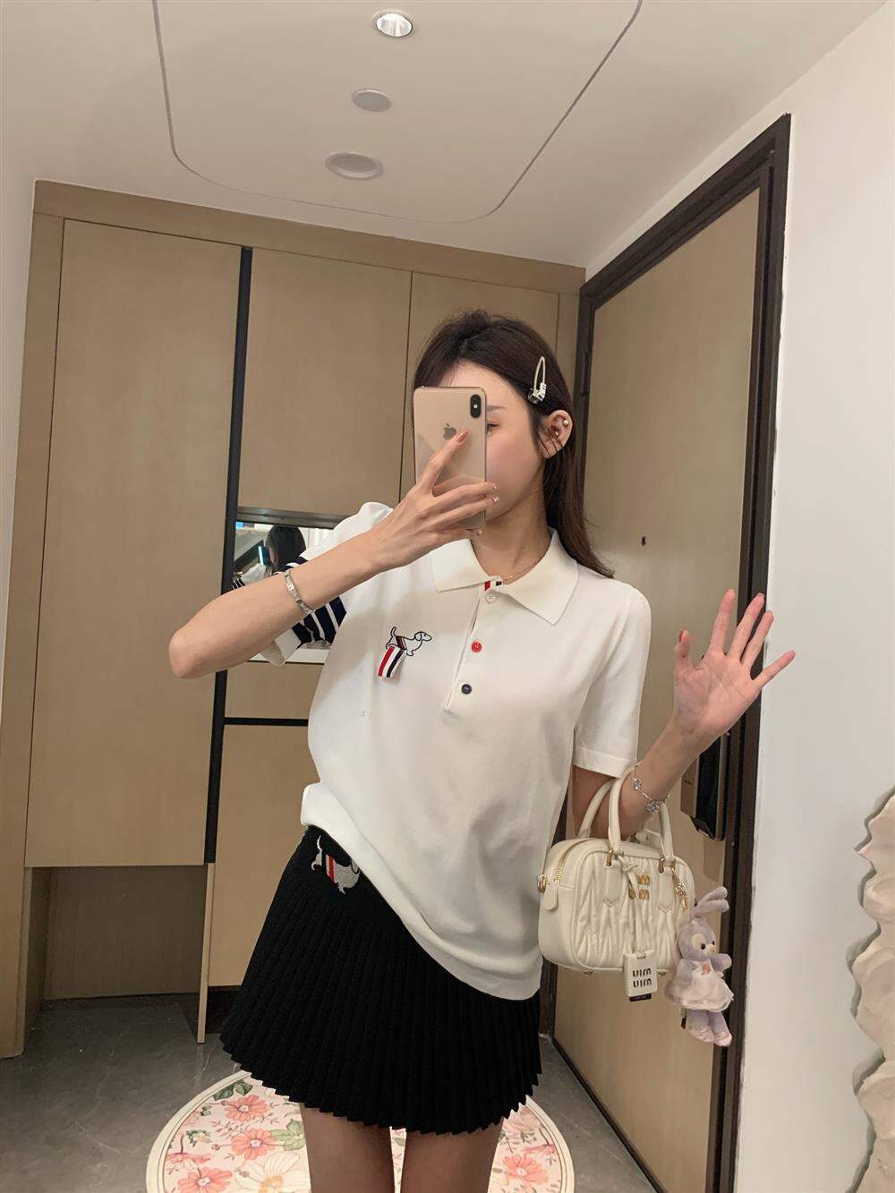 TB Thom Women's Summer Short Sleeve T-shirt with Embroidered Dog Cartoon and POLO Collar Slim Fit Regular Thickness for 18-24 Years Old